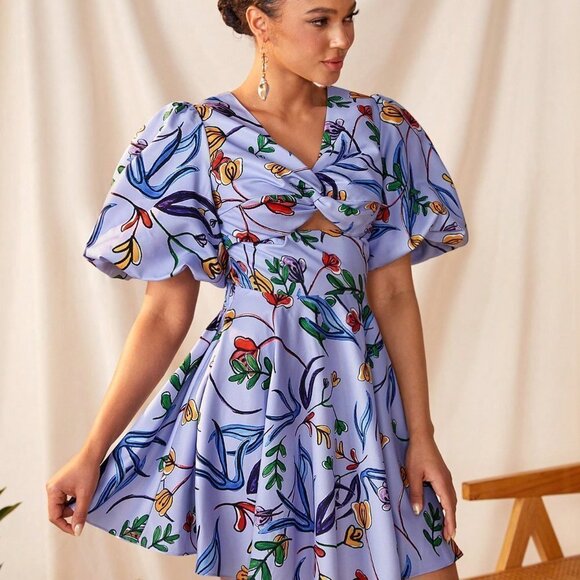 Purple Boho Womens Foral Prints Front Twisted Wrap Cut Out Back Detail Dress - Picture 4 of 8